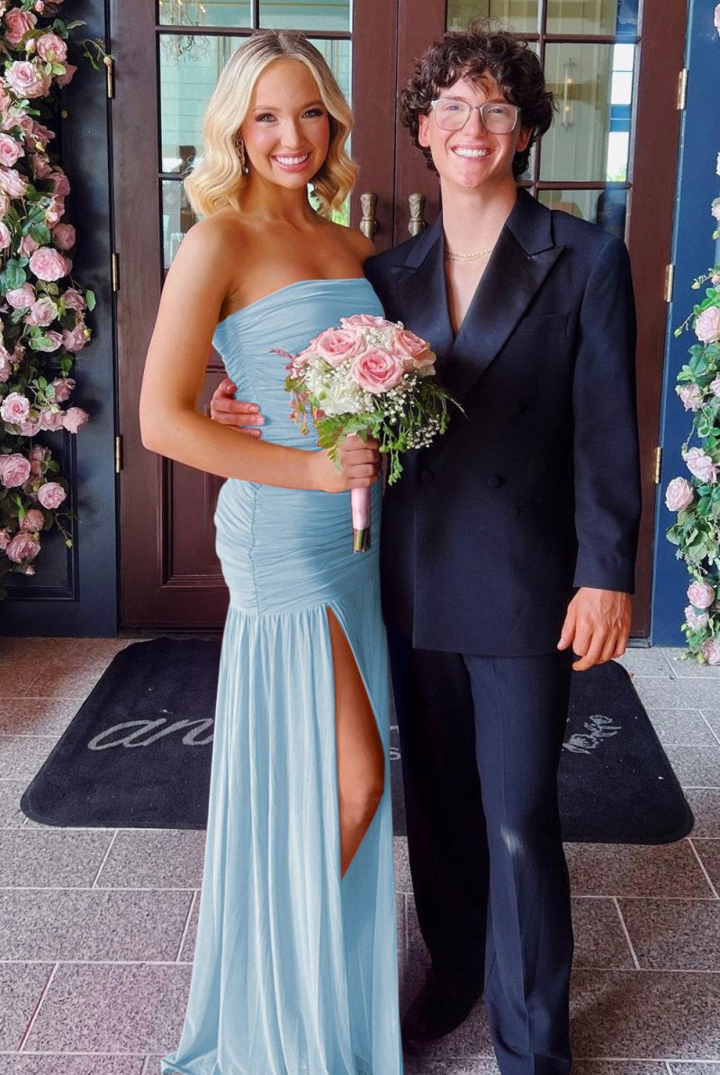 Mireon | Hot Pink - Sheath Strapless Pleated Chiffon Long Prom Dresses - KissProm