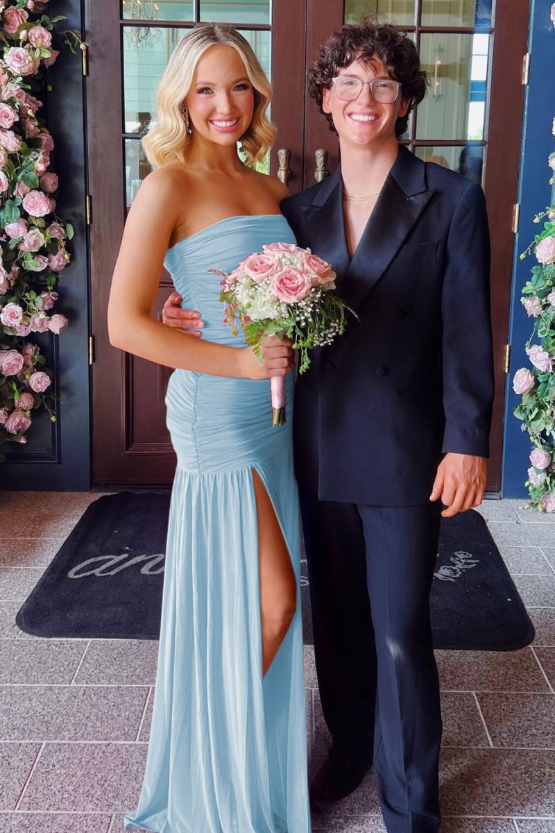 Mireon | Hot Pink - Sheath Strapless Pleated Chiffon Long Prom Dresses - KissProm