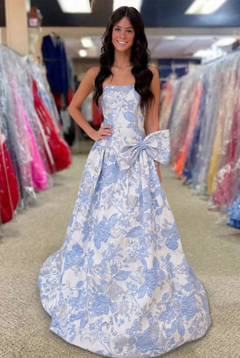 Mireva | Blue - Strapless A Line Floral Printed Long Formal Prom Dresses With Bow - KissProm