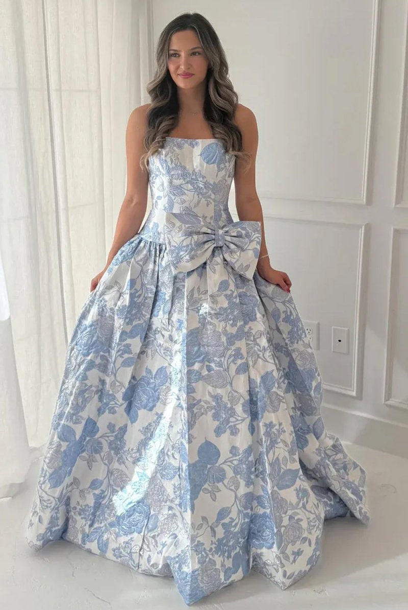 Mireva | Blue - Strapless A Line Floral Printed Long Formal Prom Dresses With Bow - KissProm