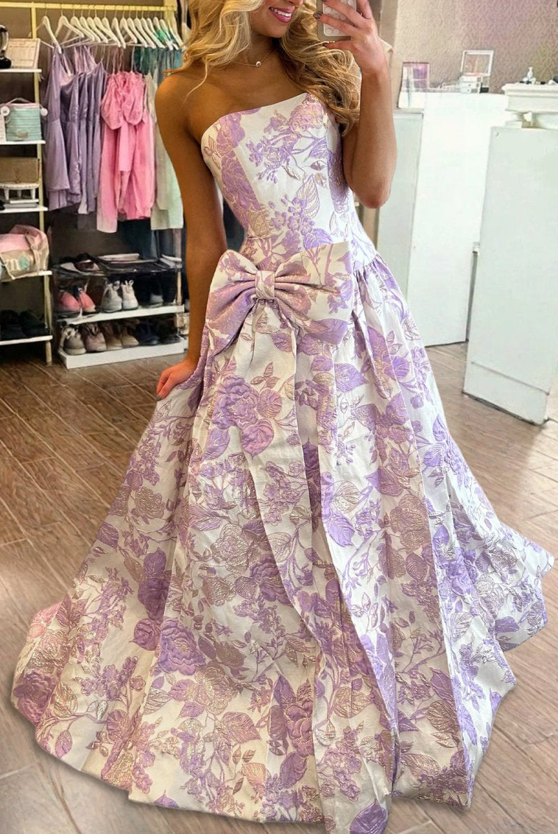 Mireva | Lavender - Strapless A Line Floral Printed Long Formal Prom Dresses With Bow - KissProm