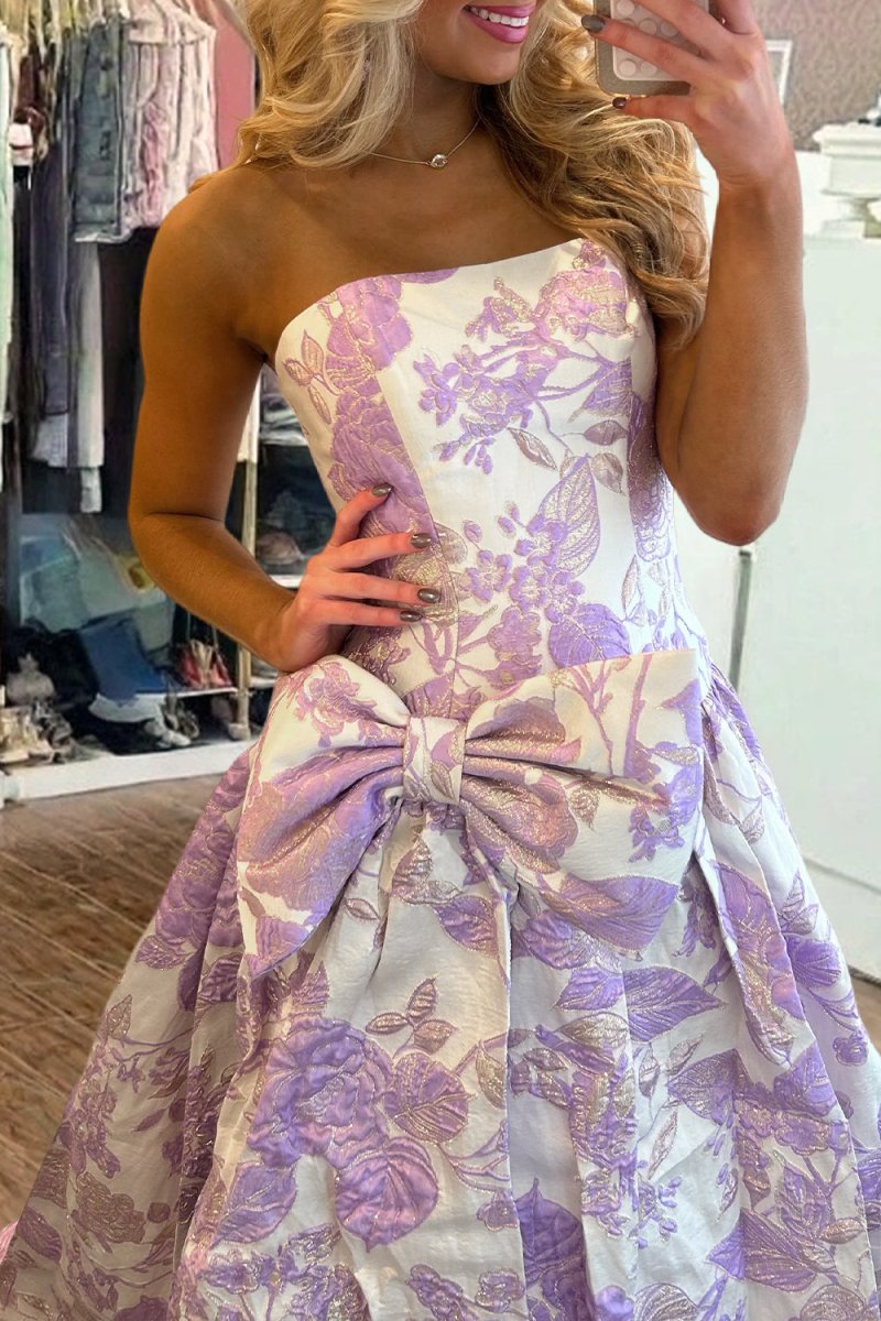 Mireva | Lavender - Strapless A Line Floral Printed Long Formal Prom Dresses With Bow - KissProm