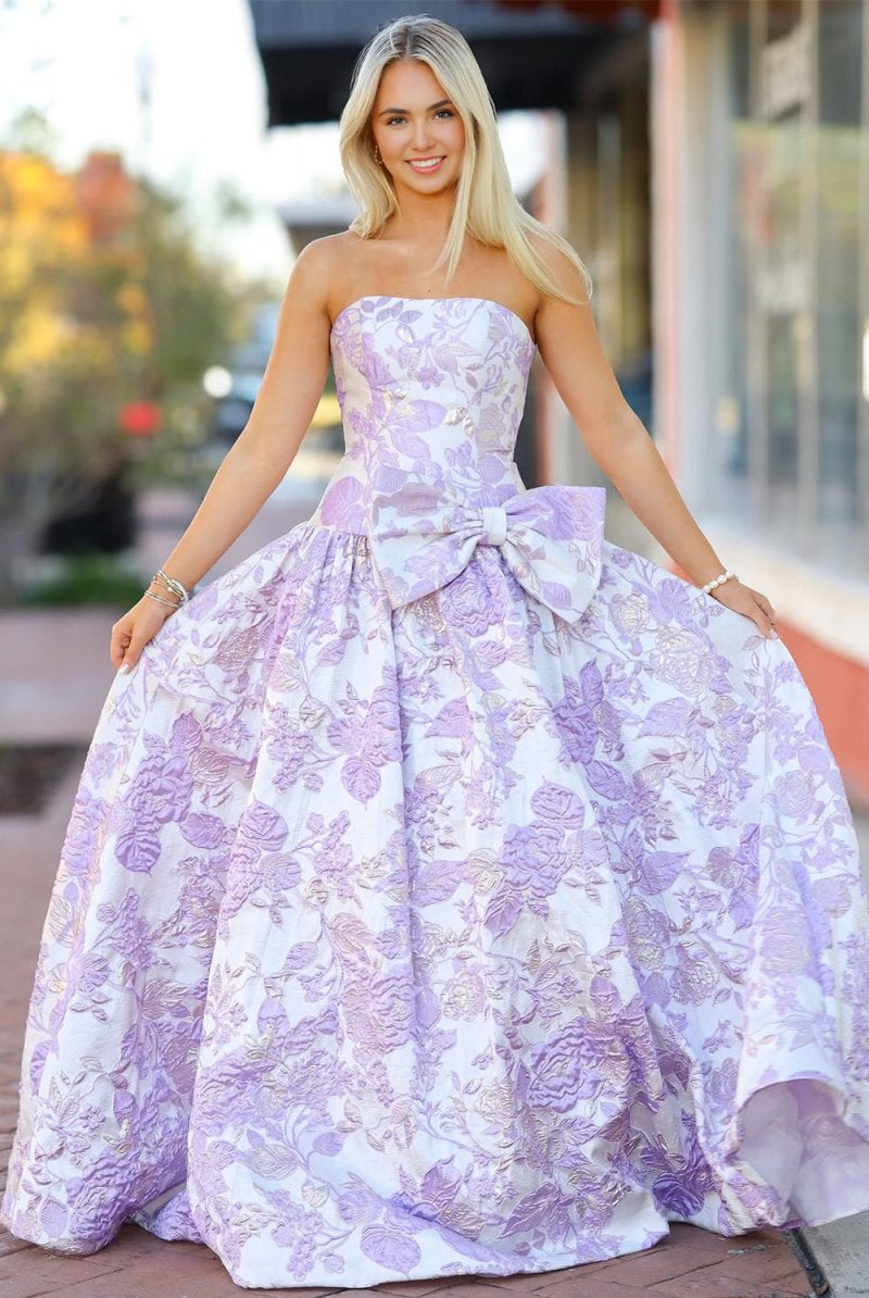 Mireva | Lavender - Strapless A Line Floral Printed Long Formal Prom Dresses With Bow - KissProm