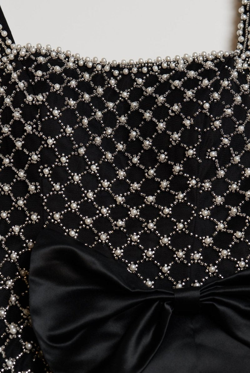 Mirielle | Black - Spaghetti Straps Sheath Satin Beaded Formal Prom Dresses With Bowknot - KissProm