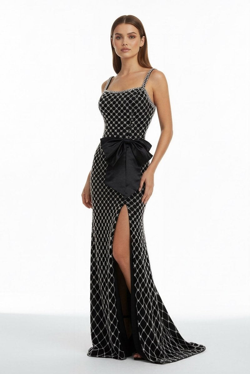 Mirielle | Black - Spaghetti Straps Sheath Satin Beaded Formal Prom Dresses With Bowknot - KissProm