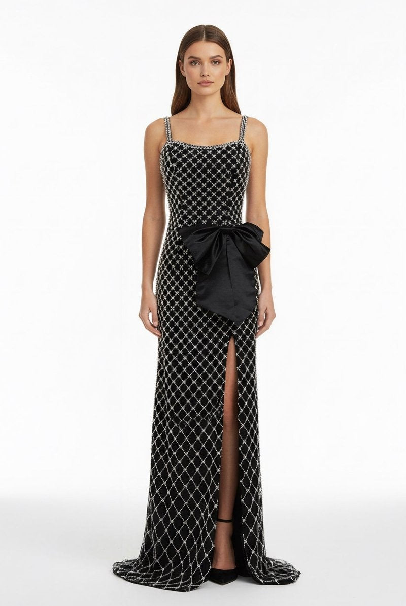 Mirielle | Black - Spaghetti Straps Sheath Satin Beaded Formal Prom Dresses With Bowknot - KissProm