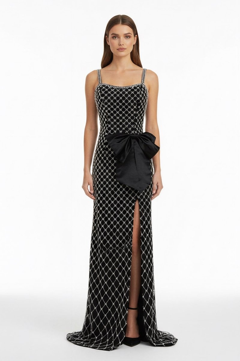 Mirielle | Black - Spaghetti Straps Sheath Satin Beaded Formal Prom Dresses With Bowknot - KissProm