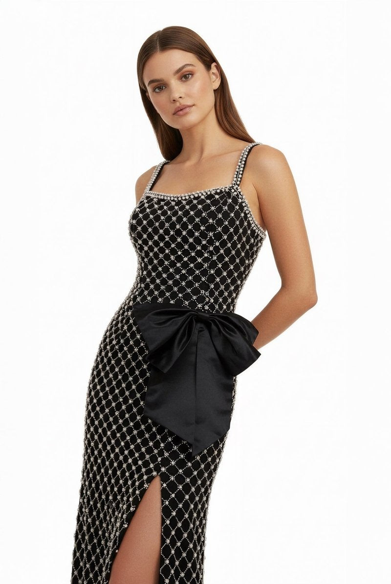 Mirielle | Black - Spaghetti Straps Sheath Satin Beaded Formal Prom Dresses With Bowknot - KissProm