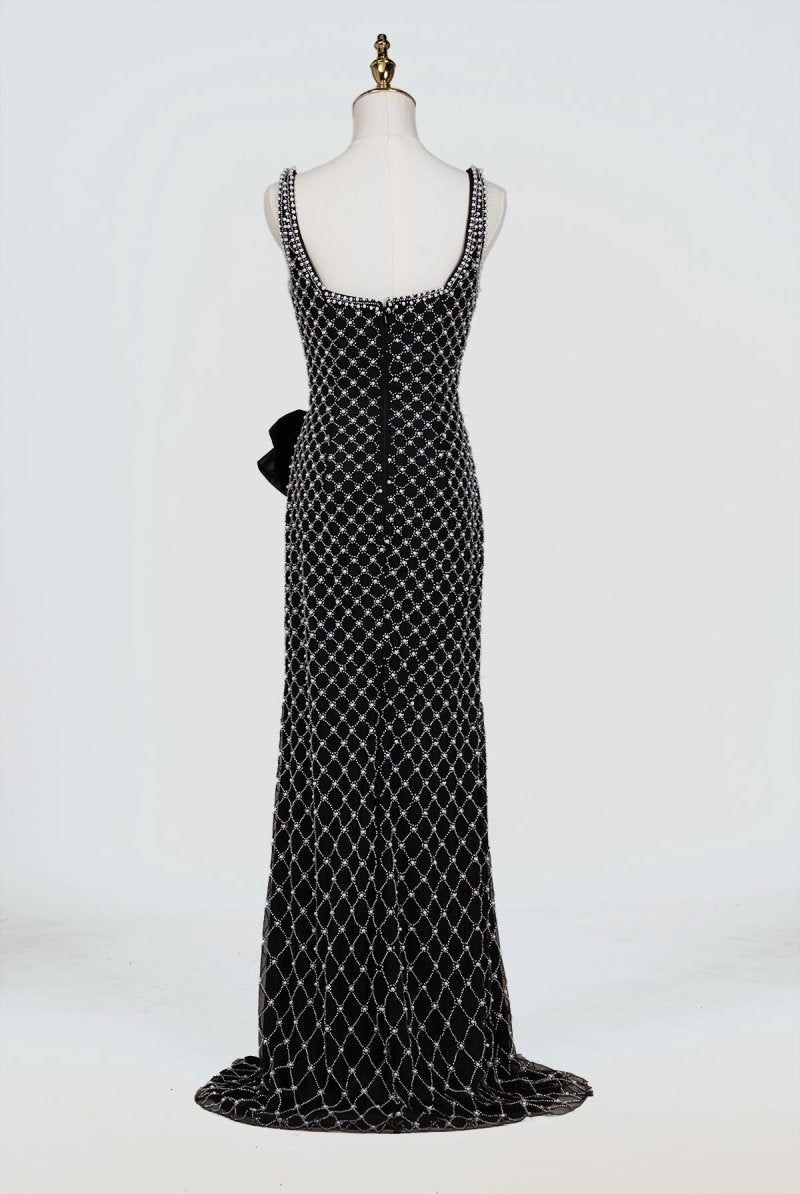 Mirielle | Black - Spaghetti Straps Sheath Satin Beaded Formal Prom Dresses With Bowknot - KissProm