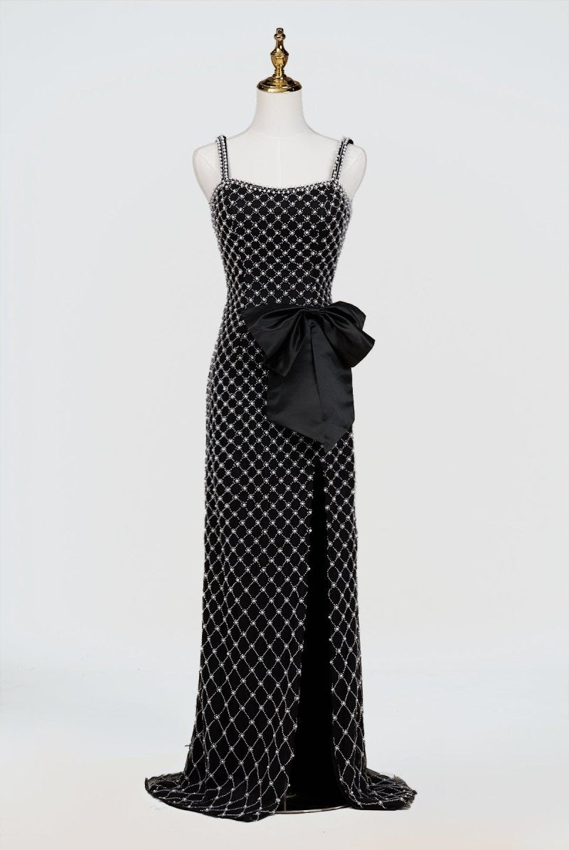 Mirielle | Black - Spaghetti Straps Sheath Satin Beaded Formal Prom Dresses With Bowknot - KissProm