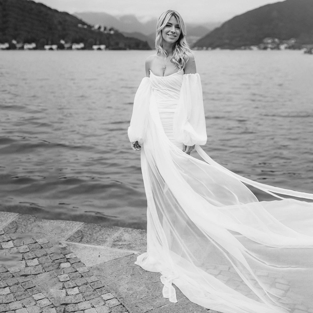 Modern Chiffon Minimalist Wedding Dress with Detachable Long Sleeves