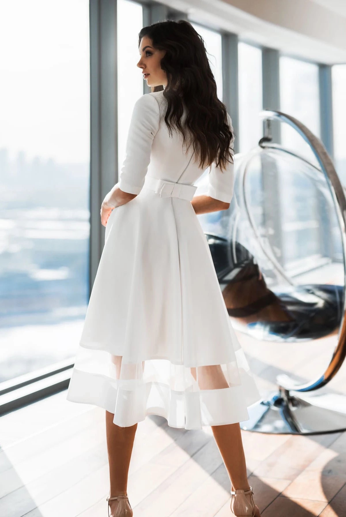 Modern Satin V-neck A Line Tea-length Wedding Dress