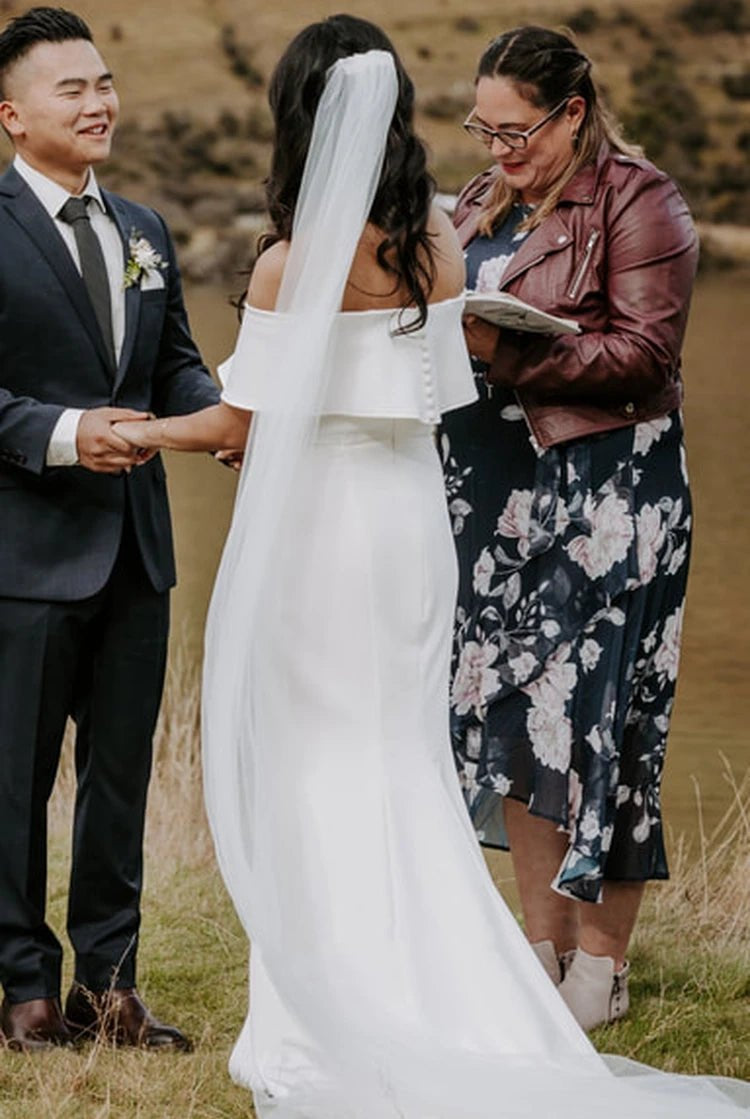 Modern Mermaid Floor-length Short Off-the-shoulder Sleeve Satin Wedding Dress