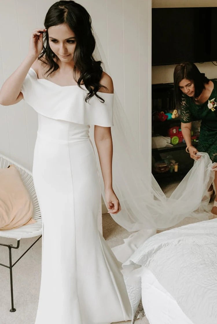 Modern Mermaid Floor-length Short Off-the-shoulder Sleeve Satin Wedding Dress