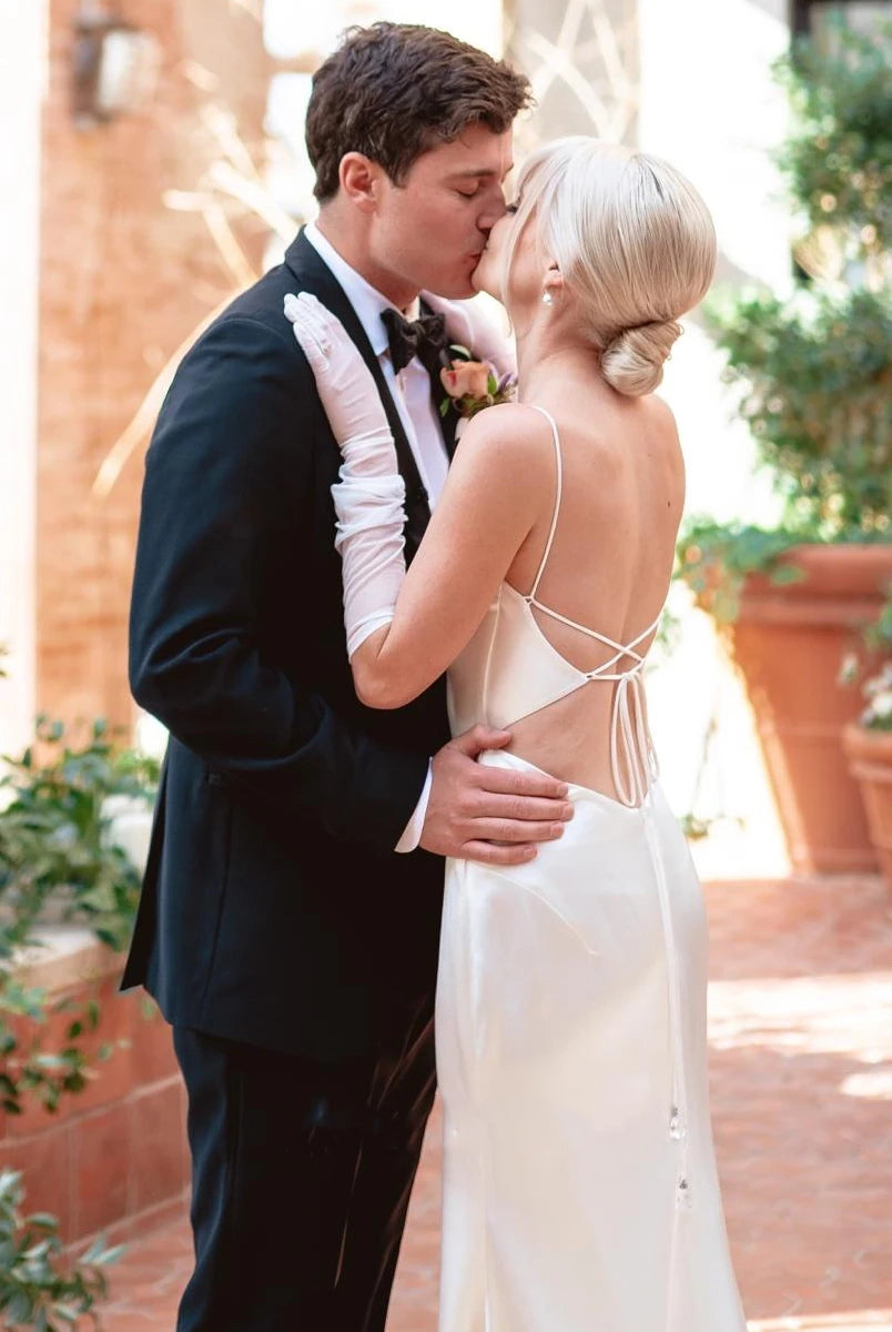 Modern Mermaid Spaghetti Charmeuse Wedding Dress With Chapel Train And Tied Back