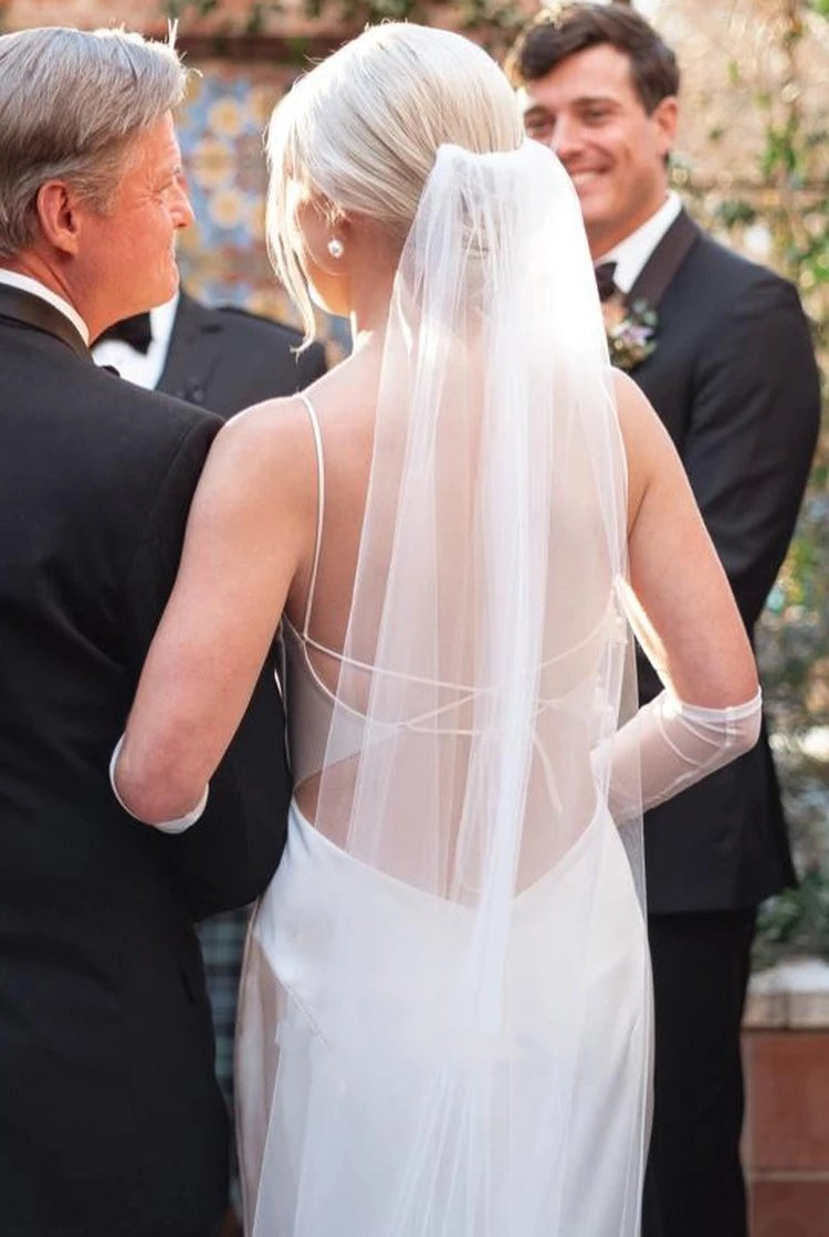 Modern Mermaid Spaghetti Charmeuse Wedding Dress With Chapel Train And Tied Back