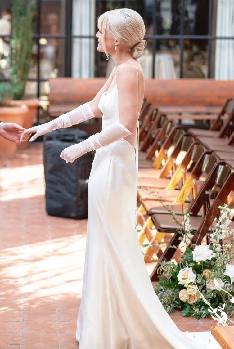 Modern Mermaid Spaghetti Charmeuse Wedding Dress With Chapel Train And Tied Back