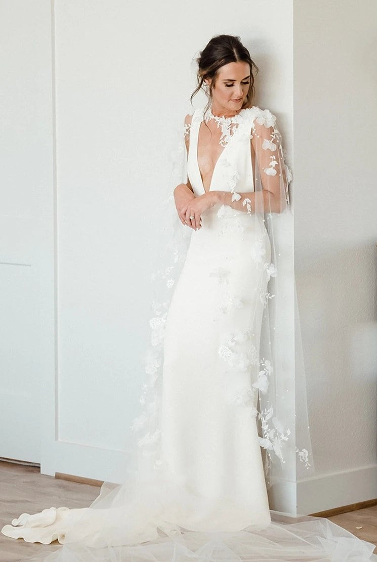 Modern Sheath V-neck Satin Sweep Train Wedding Dress