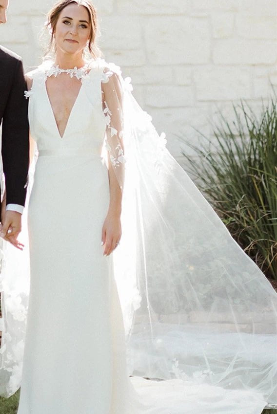 Modern Sheath V-neck Satin Sweep Train Wedding Dress