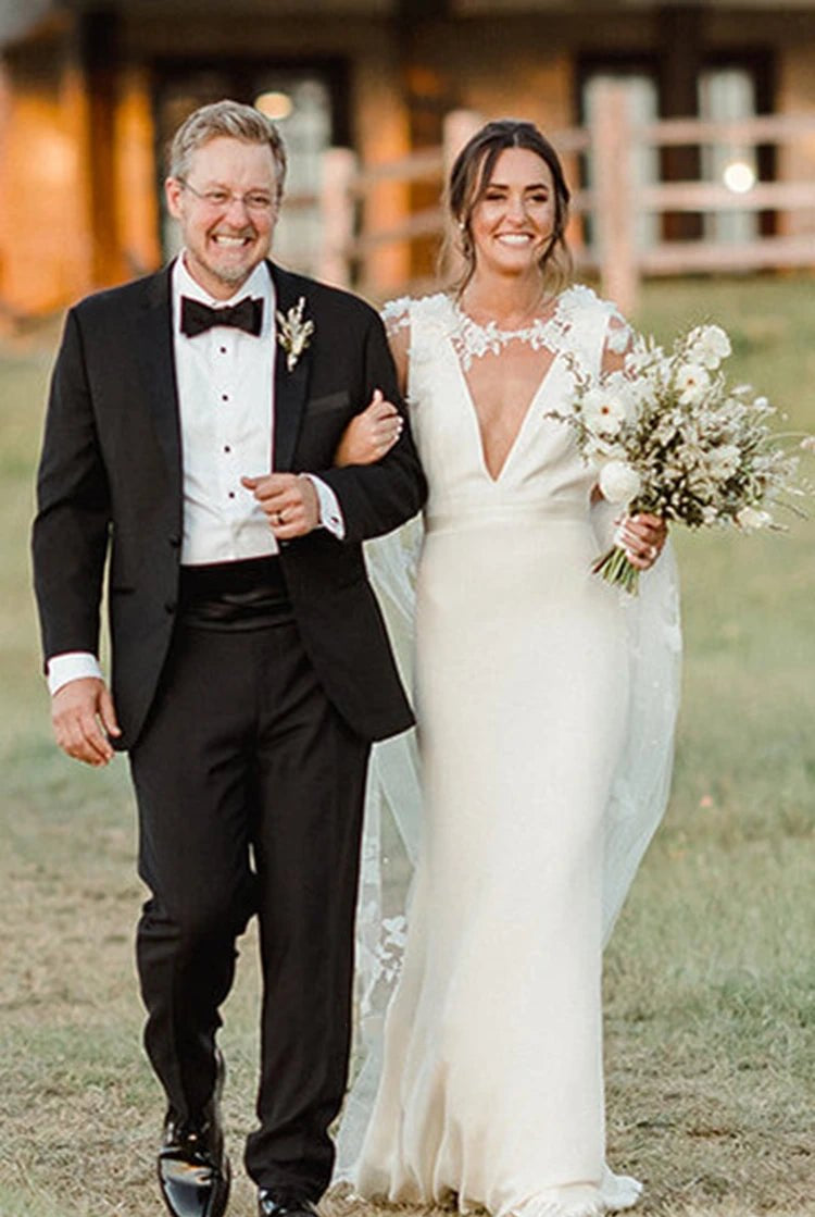 Modern Sheath V-neck Satin Sweep Train Wedding Dress