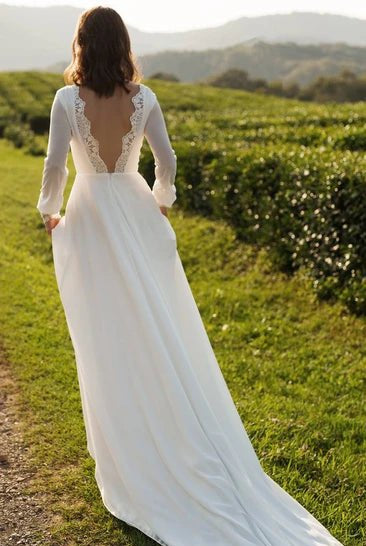 Modest A-Line Long Sleeve Floor Length Train Simple Casual Chiffon Bateau V-Back Wedding Dress