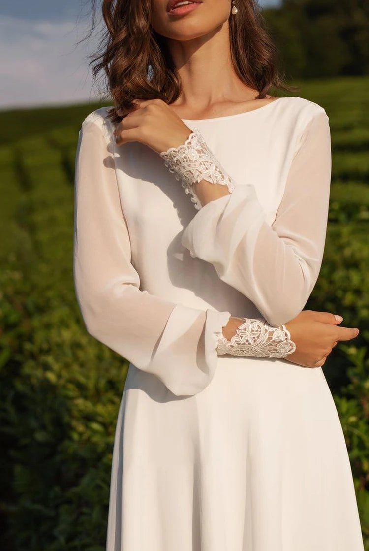 Modest A-Line Long Sleeve Floor Length Train Simple Casual Chiffon Bateau V-Back Wedding Dress