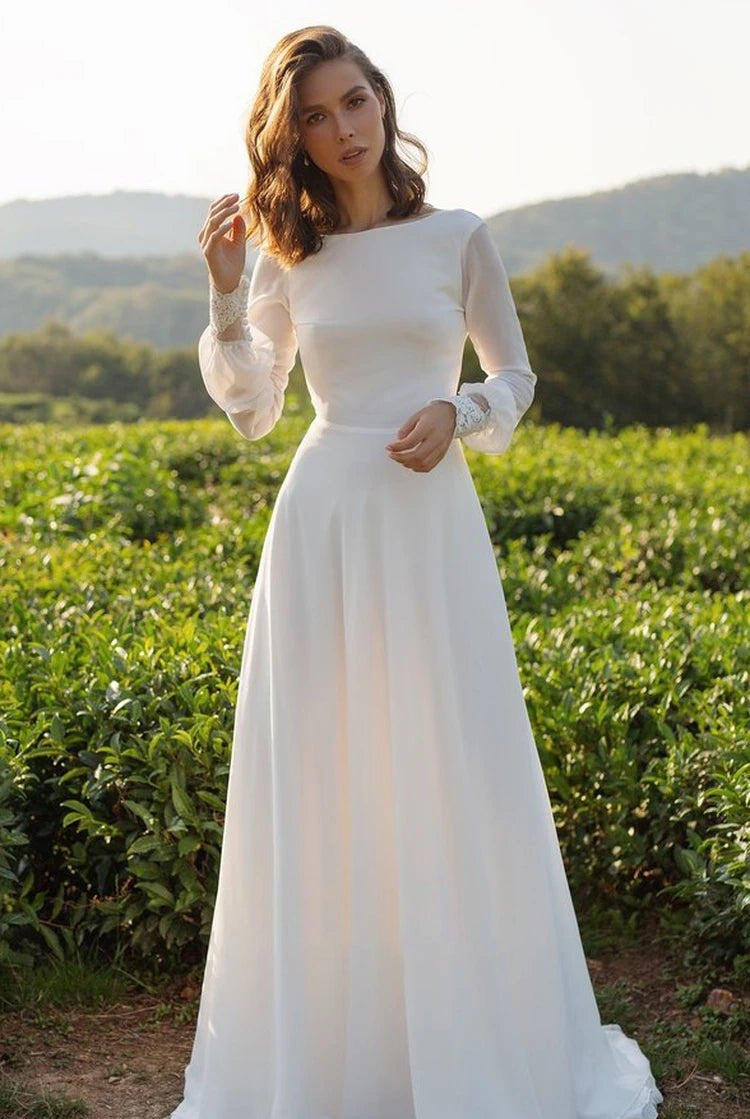 Modest A-Line Long Sleeve Floor Length Train Simple Casual Chiffon Bateau V-Back Wedding Dress