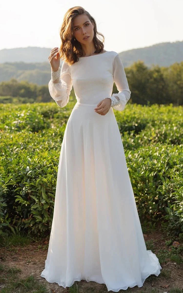 Modest A-Line Long Sleeve Floor Length Train Simple Casual Chiffon Bat Modest A-Line Long Sleeve Floor Length Train Simple Casual Chiffon Bat