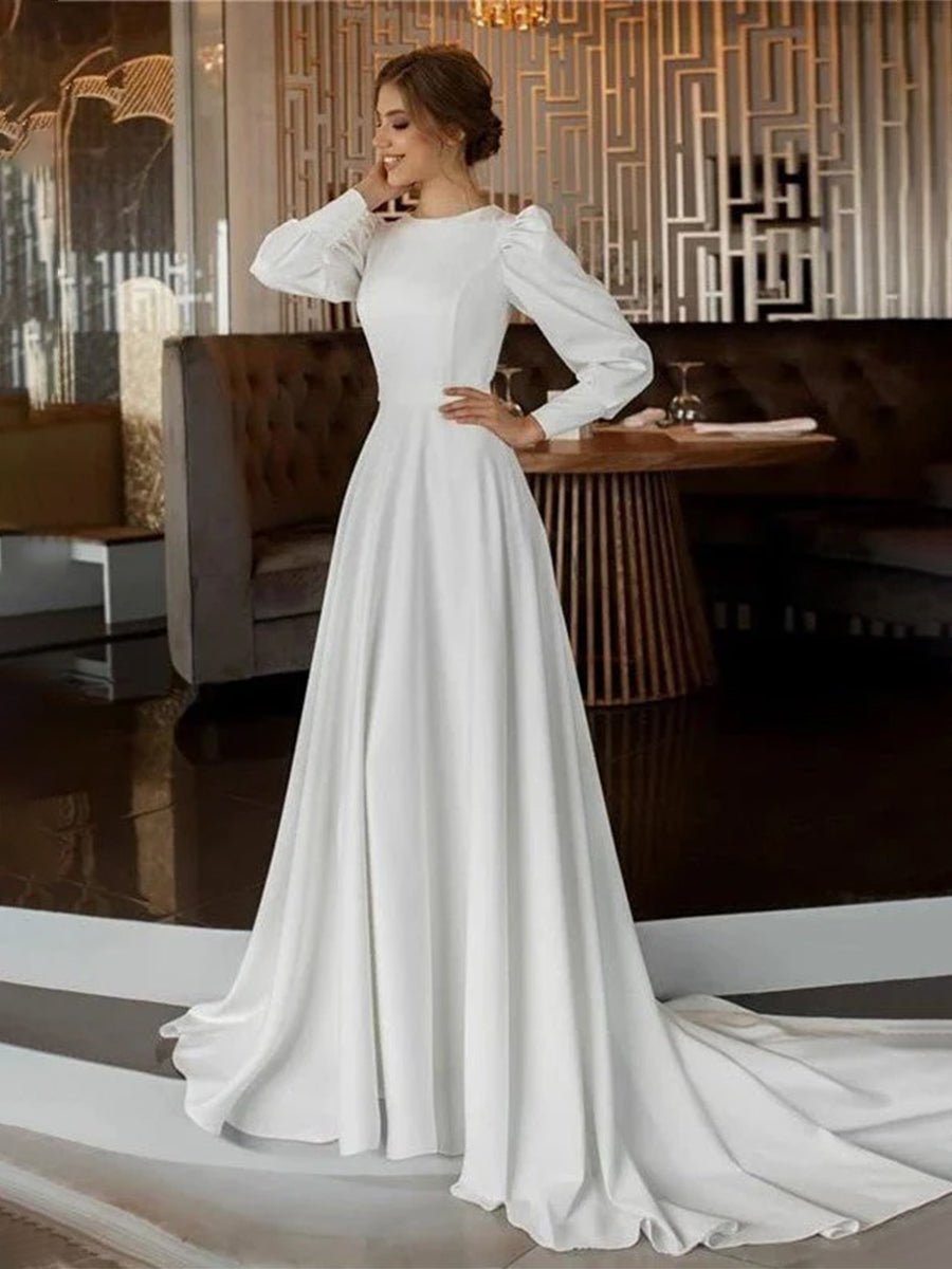 Modest A Line Long Sleeves Wedding Dress Vintage Gown - KissProm