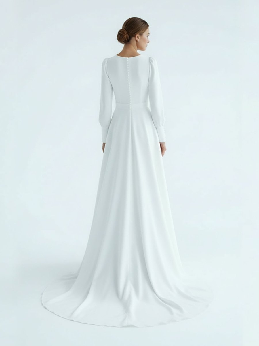 Modest A Line Long Sleeves Wedding Dress Vintage Gown - KissProm