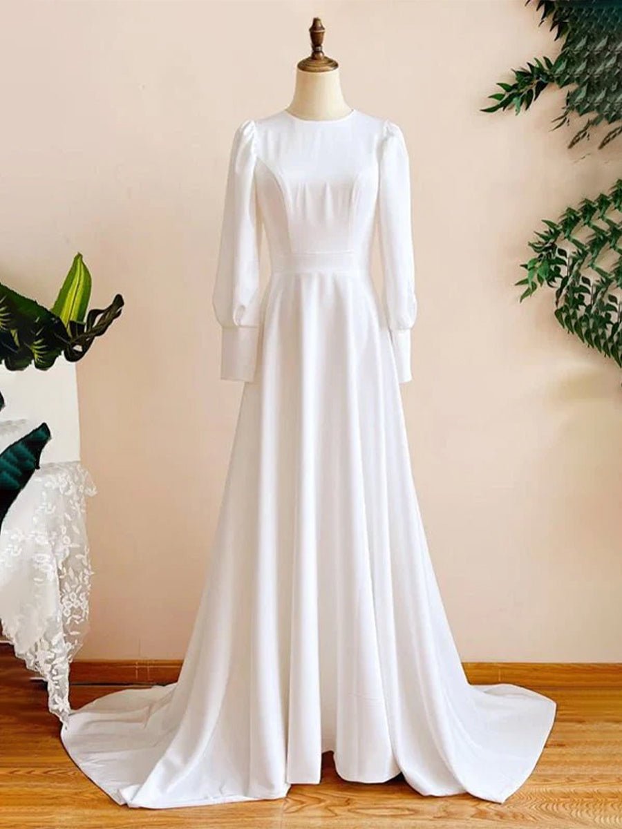 Modest A Line Long Sleeves Wedding Dress Vintage Gown - KissProm