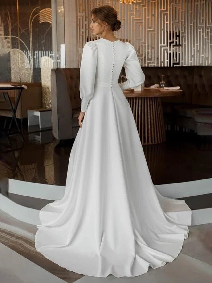 Modest A Line Long Sleeves Wedding Dress Vintage Gown - KissProm