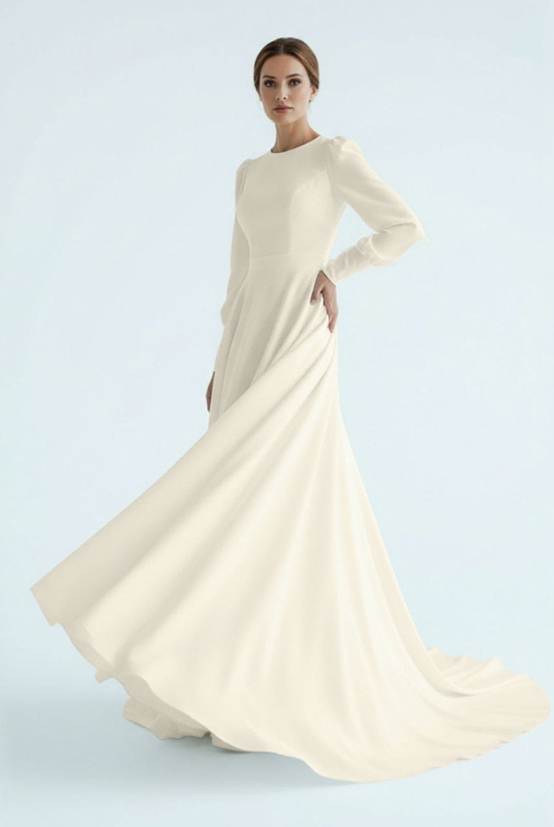 Modest A Line Long Sleeves Wedding Dress Vintage Gown - KissProm