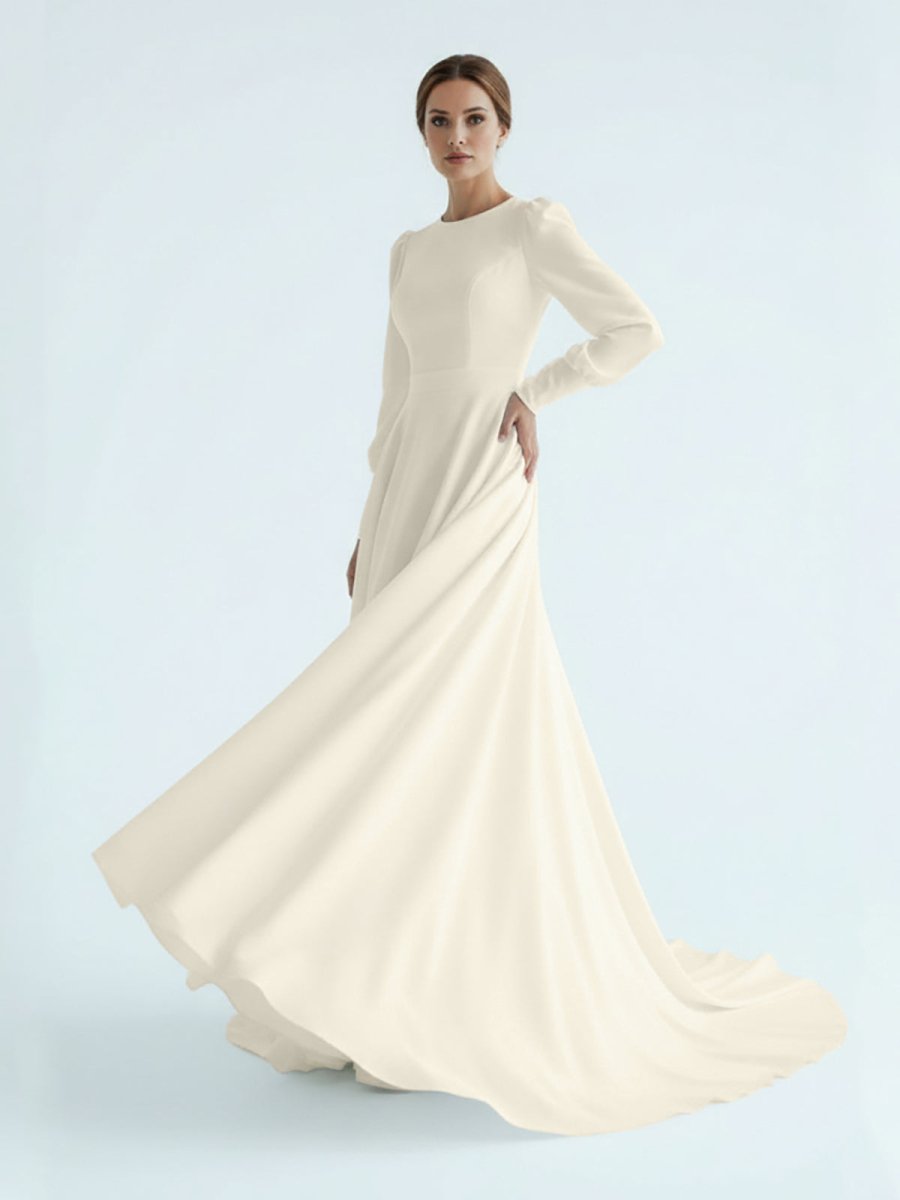 Modest A Line Long Sleeves Wedding Dress Vintage Gown - KissProm