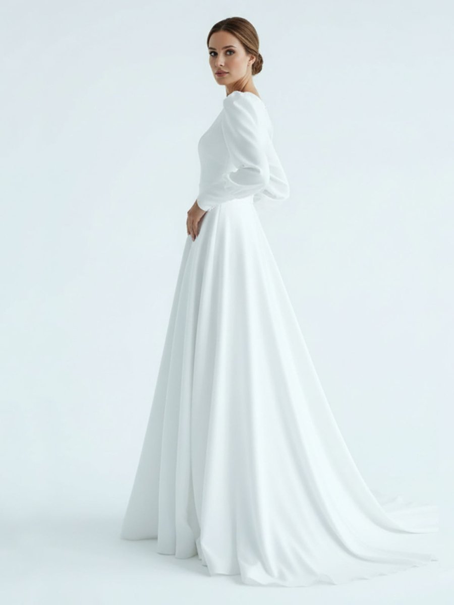 Modest A Line Long Sleeves Wedding Dress Vintage Gown - KissProm