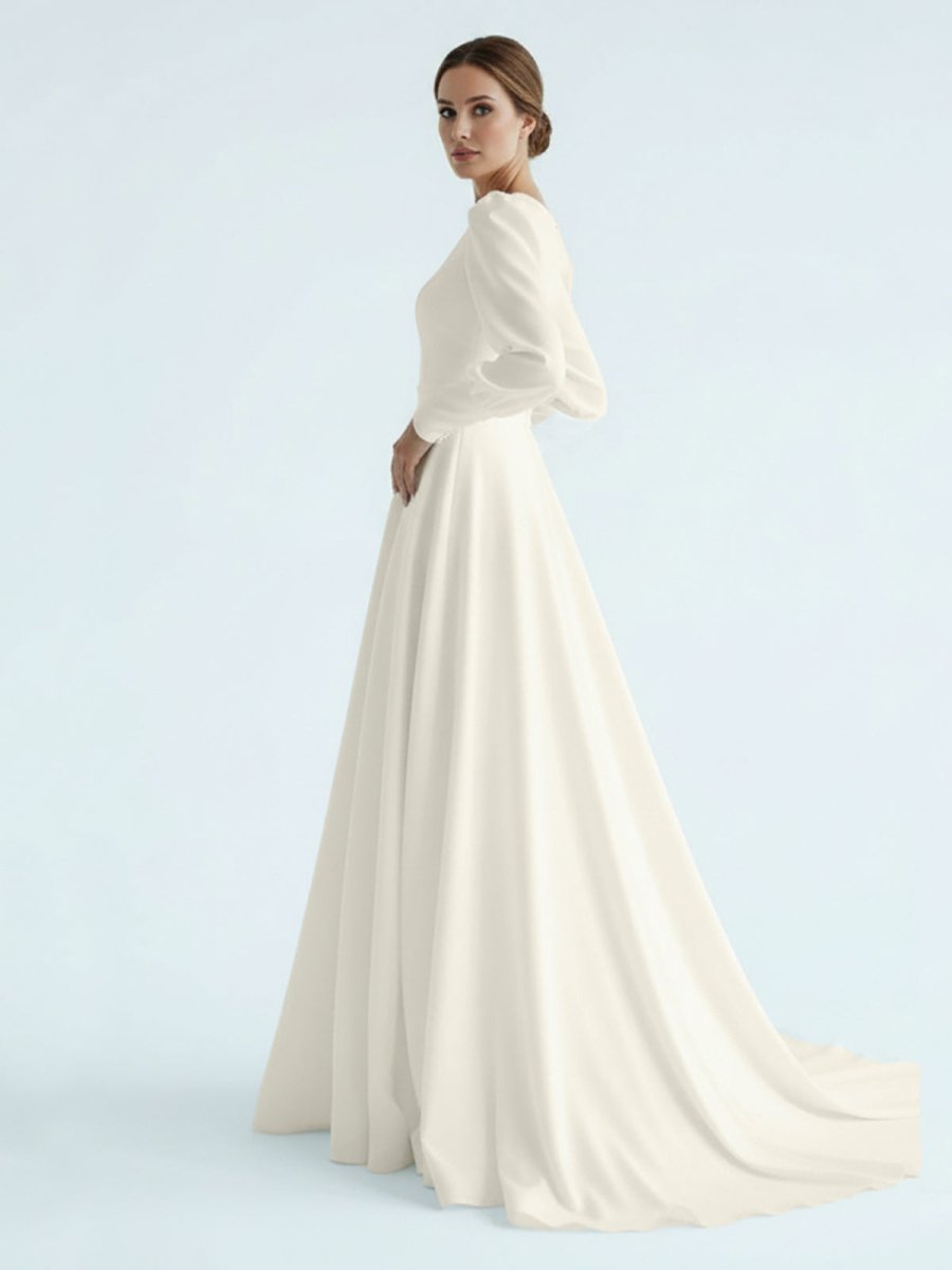 Modest A Line Long Sleeves Wedding Dress Vintage Gown - KissProm