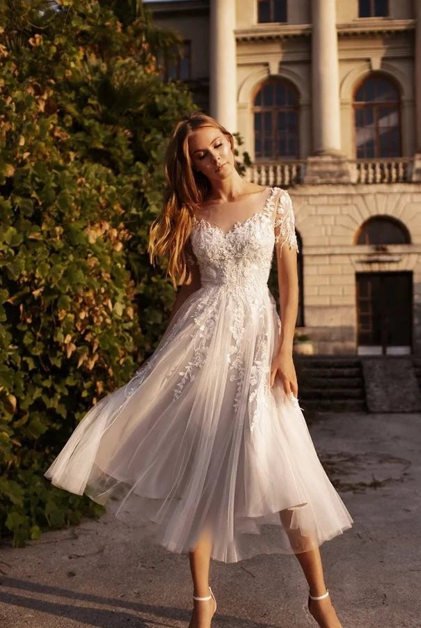 Jayline | Tea Length Sleeves Ethereal Modern A-Line V-Neck Button Back Wedding Dress