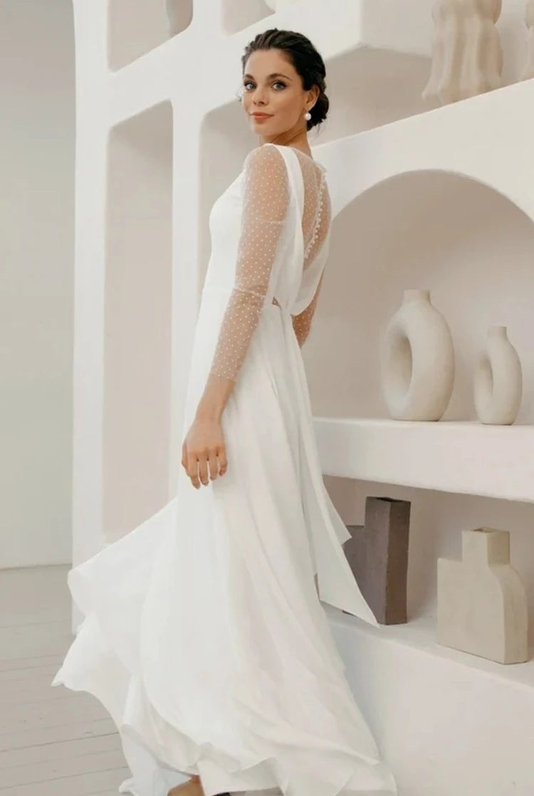 A-Line Chiffon Maxi Wedding Dress Minimalist Sleeved Pearl Button Low Back Bridal Gown