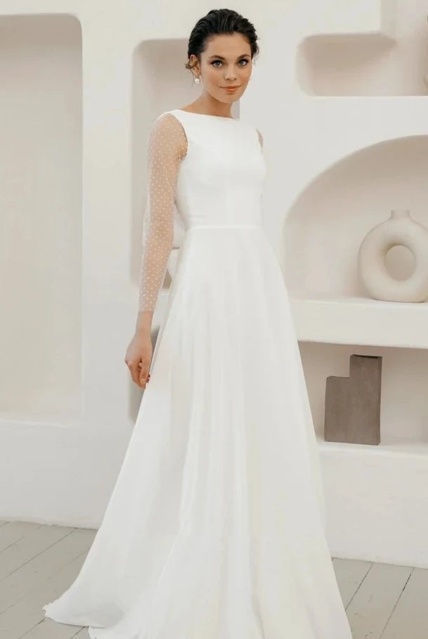 A-Line Chiffon Maxi Wedding Dress Minimalist Sleeved Pearl Button Low Back Bridal Gown