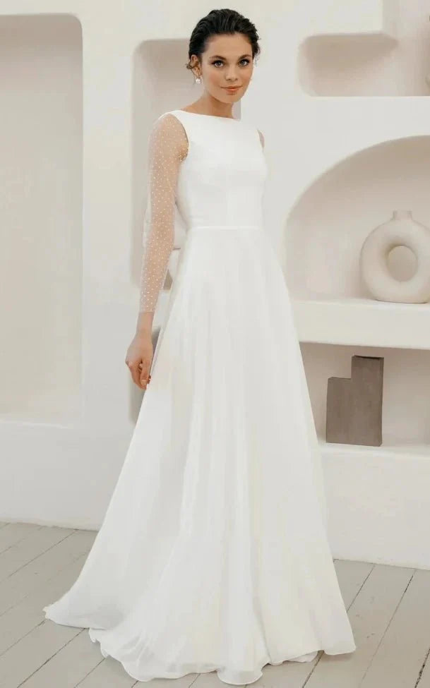 A-Line Chiffon Maxi Wedding Dress Minimalist Sleeved Pearl Button Low A-Line Chiffon Maxi Wedding Dress Minimalist Sleeved Pearl Button Low