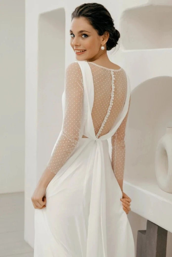 A-Line Chiffon Maxi Wedding Dress Minimalist Sleeved Pearl Button Low Back Bridal Gown