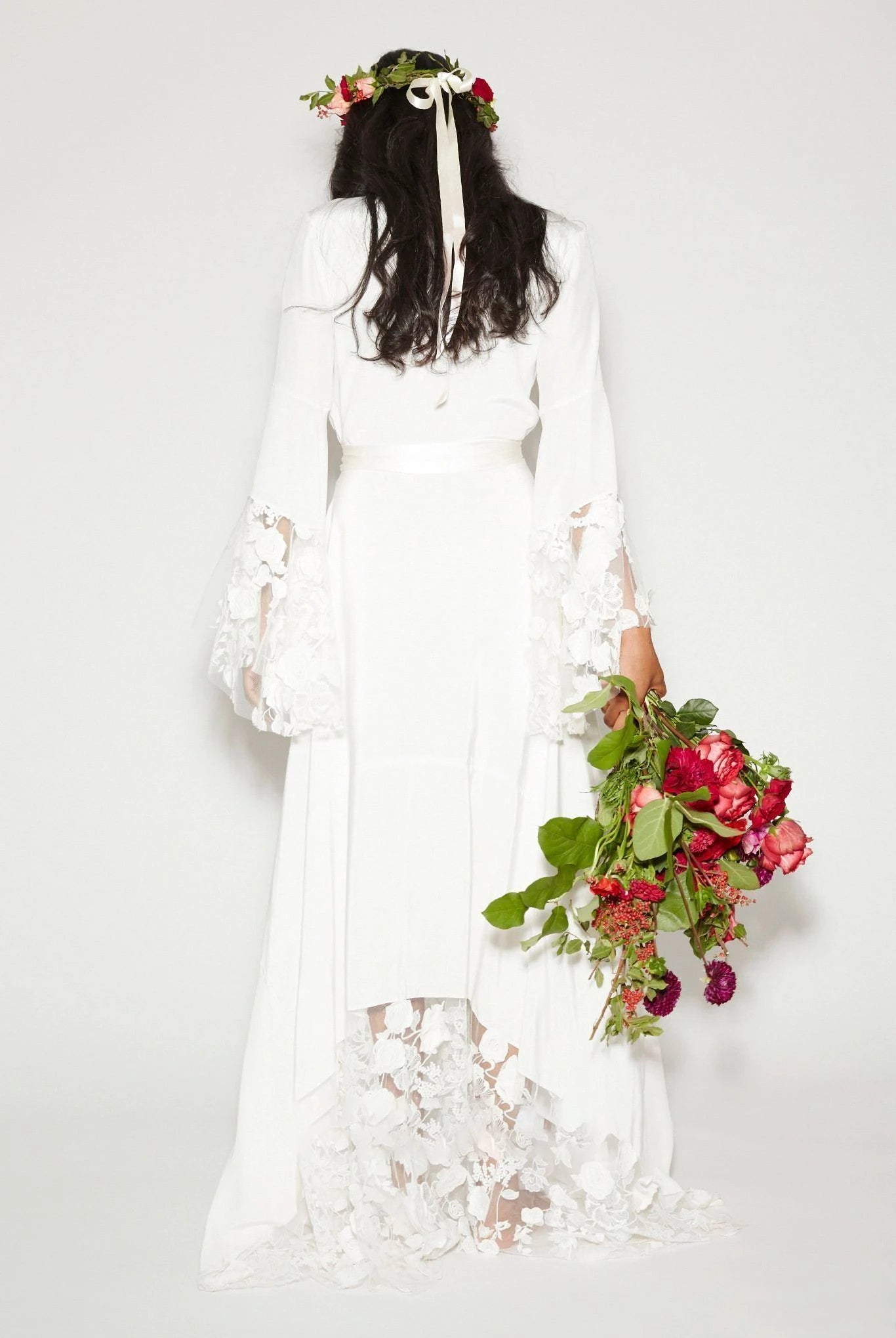 Modest Hippie Bohemian Long Sleeve V-Neck Lace Wedding Dress