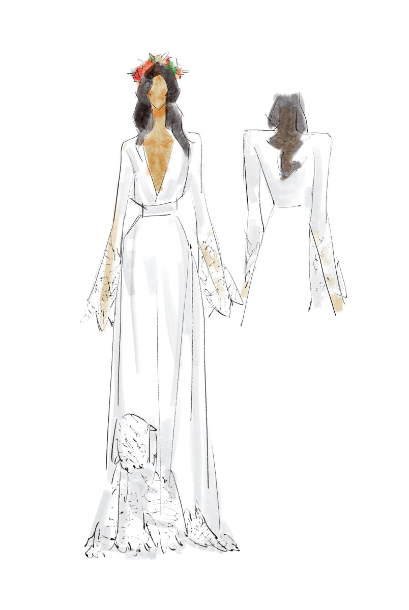 Modest Hippie Bohemian Long Sleeve V-Neck Lace Wedding Dress