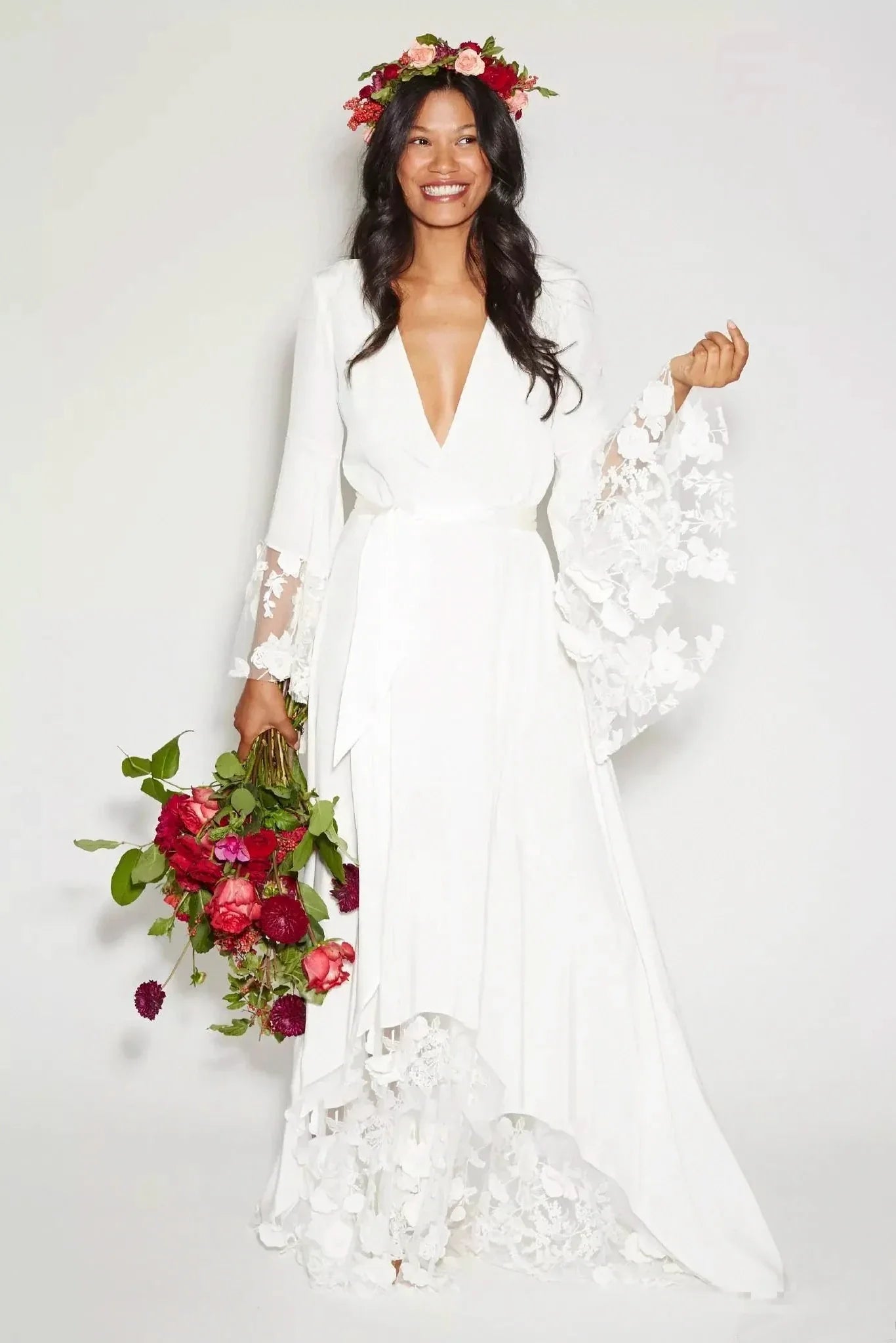 Modest Hippie Bohemian Long Sleeve V-Neck Lace Wedding Dress, Champagne / 10 Modest Hippie Bohemian Long Sleeve V-Neck Lace Wedding Dress, Champagne / 10
