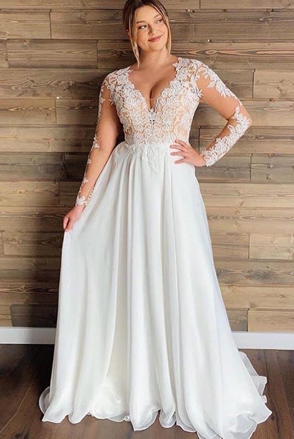 Modest Long Sleeves V - neck Lace Appliques A - Line Chiffon Beach Plus Size Wedding Dresses - KissProm