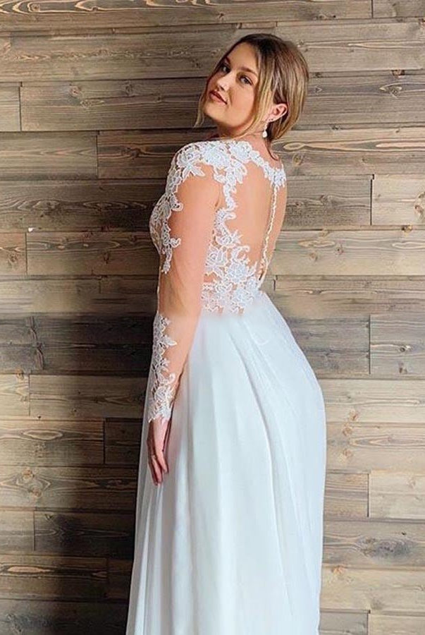 Modest Long Sleeves V - neck Lace Appliques A - Line Chiffon Beach Plus Size Wedding Dresses - KissProm