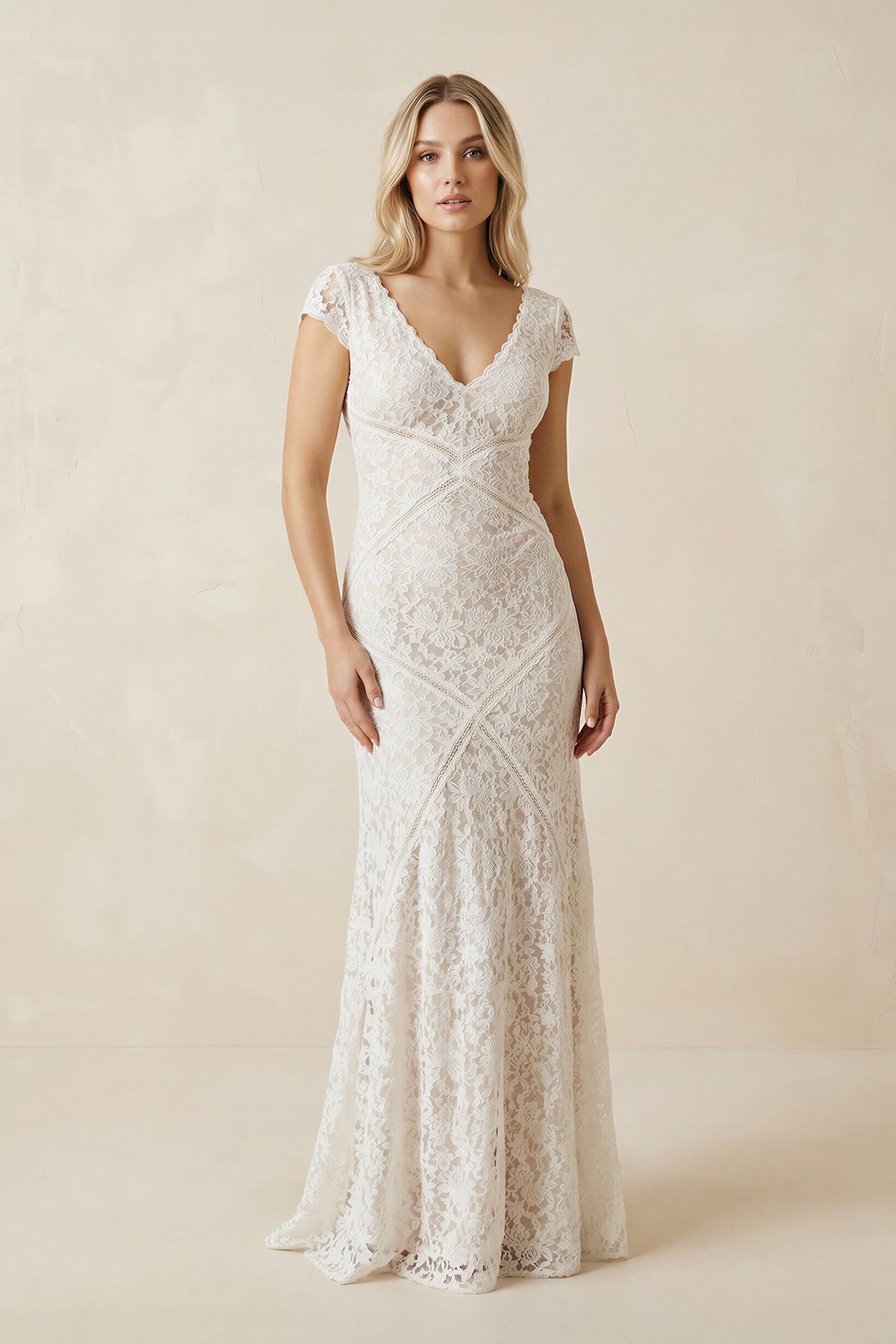 Modest Sheath Square V-neck Lace Wedding Dress with Short Sleeve Sweep Modest Sheath Square V-neck Lace Wedding Dress with Short Sleeve Sweep
