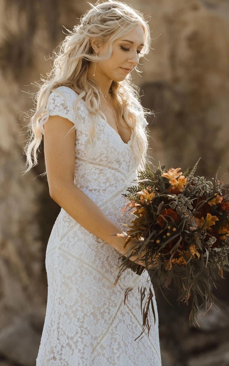 Modest Sheath Square V-neck Lace Wedding Dress with Short Sleeve Sweep Train