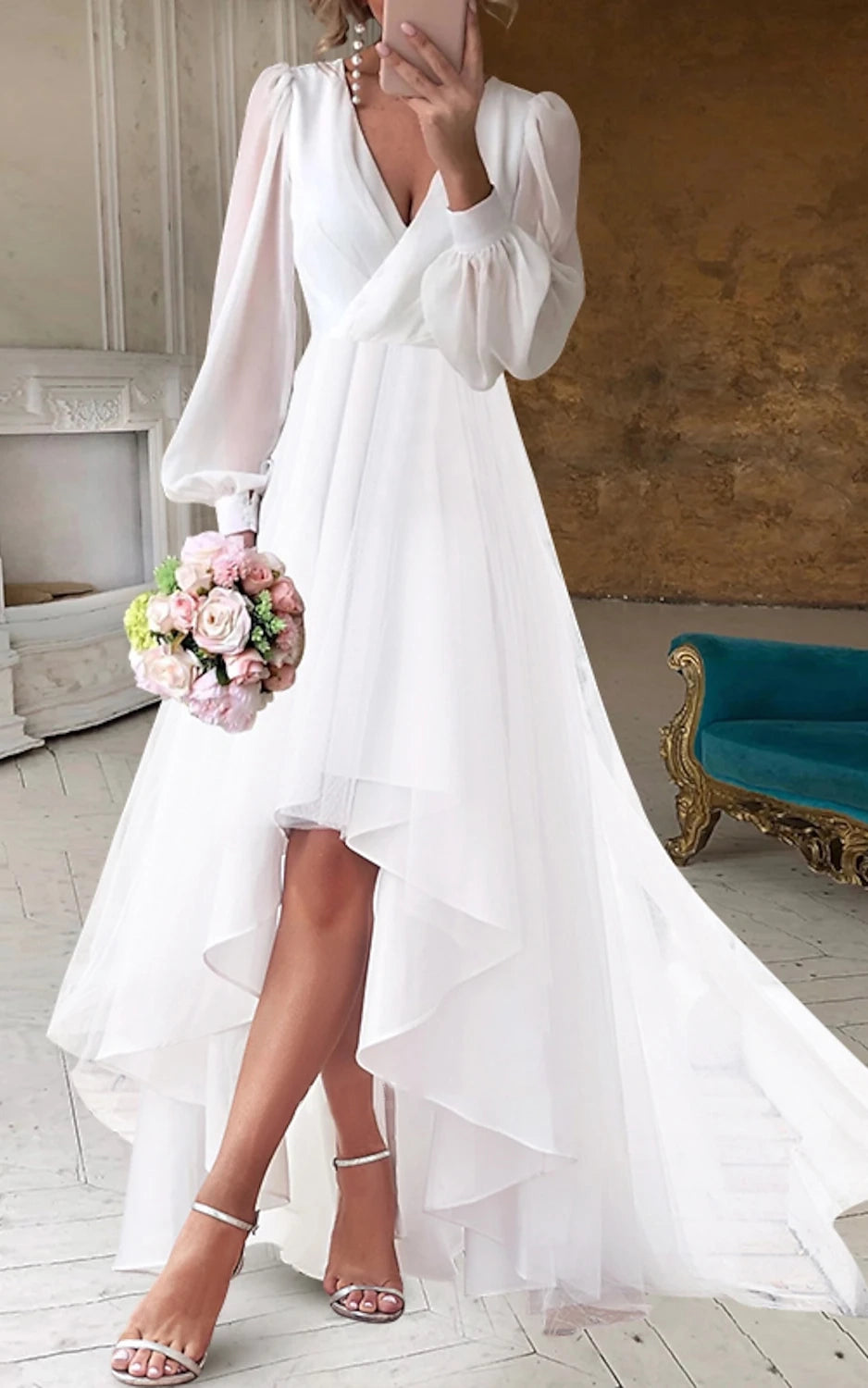 A Line V Neck Long Sleeves Elegant Casual Asymmetrical Chiffon Wedding KissProm