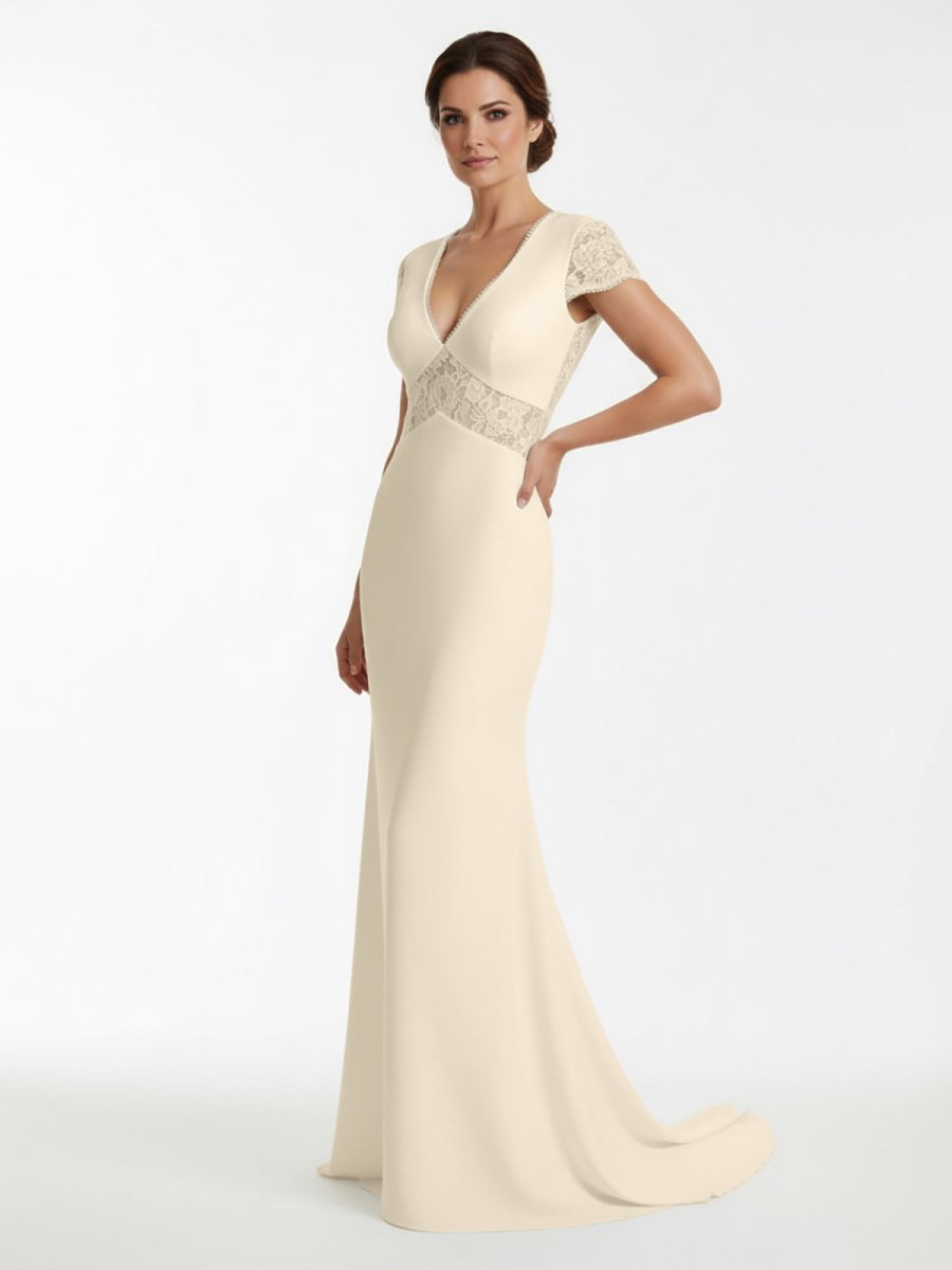 Modest Simple Sheath Short Sleeve Empire Floor - Length Sweep Train Chiffon V - neck Wedding Dress - KissProm